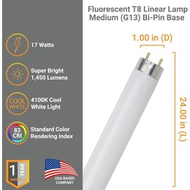 Diodesy- T8 Fluorescent Tube Light Bulb 24 Inch 17 Watt 4000K Cool White Medium 2-Pin G13 Base 1450 Lumen 2Ft Straight High Performance Replacement Linear Lamp Rohs Compliant Pack of 30