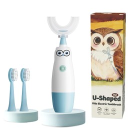 Hikid Kids Electric Toothbrush，360-Degree Sonic Vibration, IPX7 Waterproof,Toddler U Shaped Toothbrush with 2 Soft Brush Head,Cute Owl Design Baby Toothbrush for Ages 8–13（Blue）