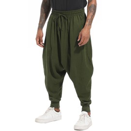 perdontoo Mens Harem Pants Casual Drawstring Aladdin Hippie Cotton Drop Crotch Trouser (32, Green)