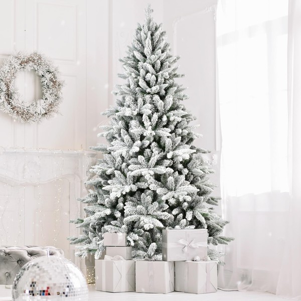AMOPA 6ft Artificial Christmas Tree, Unlit Design Snow Flocked Christmas