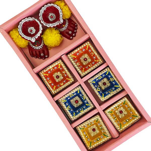 KSJONE 6 Diyas and 2 laxmi Charan Diya Assorted Colour Festive Diyas with Cotton Wicks Festive Decorations Oil Lamp Diwali Lights Clay Diyas for Diwali Tea Light Holder Indian Decor Diwali Decorations