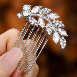 Foyte Crystal Bride Wedding Hair Comb Leaf Bridal Headpieces Rhinestone Hair Pieces Bridesmaid Side Combs Hair Accessories for Women and Girls(silver leaf)