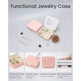 CRSURE Jewellery Box Organiser for Women Small Portable Travel Jewelry Storage Case PU Leather Mini Box for Bracelets, Earrings, Rings Gift, Girls, Wife, Mother,(Pink)
