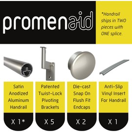 Promenaid 3ft Flush Handrail Kit - Silver - Complete Indoor/Outdoor Handrail for Stairs - 1.6" Round Anodized Aluminum Railing with 2 Matte Nickel Painted Pivoting Wall Brackets & Flush Endcaps
