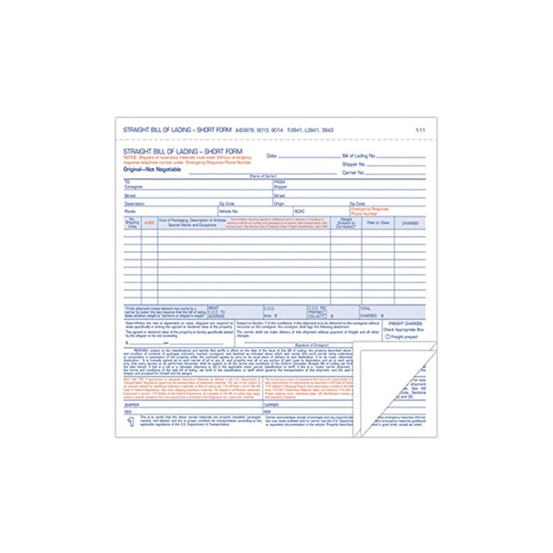 Hazardous Material Short Form, 7 x 8 1/2, Three-Part Carbonless,