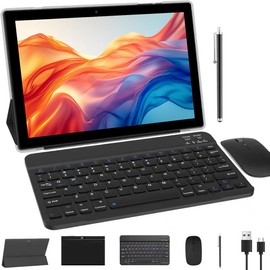 10 inch Tablet with Keyboard 2 in 1 Android 14 Tablets Include Case Mouse Stylus 6000mAh Battery 8GB+64GB/1024GB Expandable 10.1" Tableta, Dual Camera tab, WiFi Bluetooth Tablet PC (Pink)