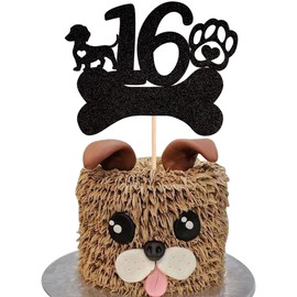 1 decoración para tartas de cumpleaños 16, con purpurina negra, para perro, de dieciséis años, cumpleaños, cachorro, perro, hueso, para despedidas de bebé, niños, niñas, decoración de tartas para fiestas de cumpleaños 16