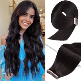 Tape in Hair Extensions Human Hair, 20pcs Natural Black Remy Hair Extensions 14 Inch Straight Human Hair Tape in Extensions Skin Weft Tape Extensions Human Hair (1B#,14 Inch)