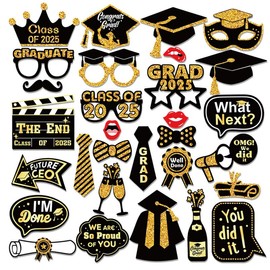 Dusenly 2025 Graduation Photo Booth Props Black Gold Graduation Photo Prop Class of 2025 Grad Selfie Requisiten für High School und College Grade Party Supplies