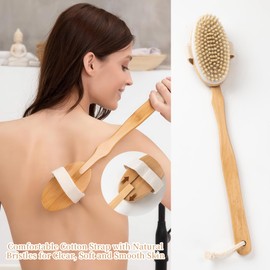 6-Teiliges Trockenbürstenset – Körperbürste mit Langem Griff aus Holz, Bimsstein, Gesichtsbürste und Peeling-Waschlappen, Wildschweinborsten-Badebürste für Duschpeeling, Abnehmbar