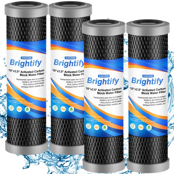 Brightify 10"x2.5" 5 Micron Carbon Water Filter, Whole House Carbon CTO Water Filter Cartridge Replacement Fits Culligan D-10A, P5-D, DuPont WFPFC8002, SCWH-5, GE FXWTC, Whirlpool WHCF-WHWC, 4 Pack