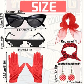 CWENDANER Pack of 6 Rockabilly Accessories Women's 50s Outfit Women's Vintage Clothing Accessories with Chiffon Scarf Polka Dot Headband Cat Eye Glasses Mosaic Glasses Unisex