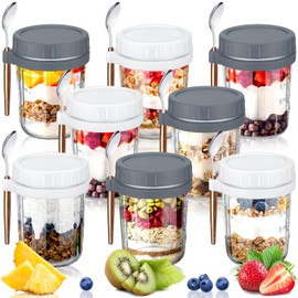 Layhit 8 Sets 16 oz Overnight Oats Containers with Lids and Spoons Summer Large Glass Mason Jars for Overnight Oats with Measurement Marks Oatmeal Container for Milk Cereal Fruit(Grey, White)