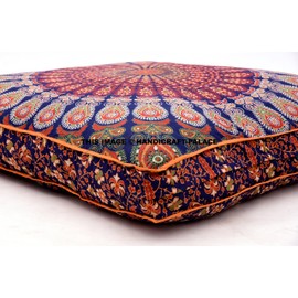 Handicraft-Palace Indian Floor Cushion Cover Blue Peacock Mandala Tapestry Large Square Floor Pillow Cover Ottoman Pouf Bohemian Meditation Seating Throw