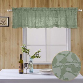 OVZME Anji Bird 2 Panels Sheer Kitchen Valances for Windows 14 Inches Long, Classic Rod Pocket Light Filtering Semi Sage Green Sheer Curtains for Bedroom Basement Short Window, 38Wx14L Inches