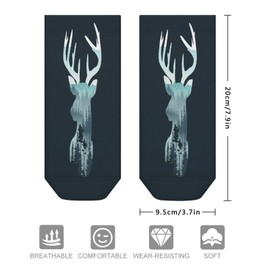 1 Pair Unisex Sock Short Socks, Compression Crew Knee High Short Athletic Soft Circulation Socks for Running Sports 8x3.7 in Print Reindeer Deer Head on Landscape with Trees and Mountains on Dark