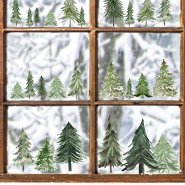 Watercolor Tree Wall Stickers Small Pine Tree Wall Decal Green Trees Wall Window Stickers Removable Forest Trees Decals Peel and Stick Small Tree Wall Decals for Bedroom Living Room