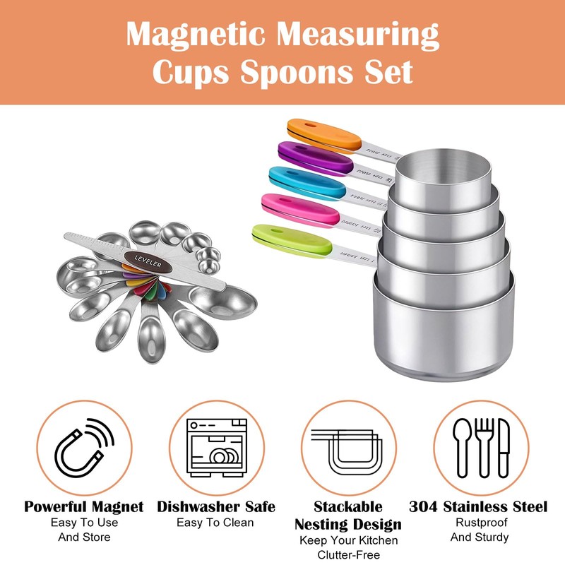 13Pcs Magnetic Measuring Cups Spoons Set, 5 Heavy Duty Cups,7