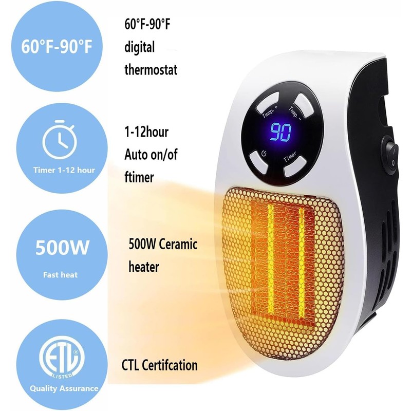 450W Mini Space Heater With Temperature Detection, Remote Wall Outlet
