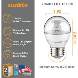 Sunlite G16 LED Dimmable Decorative Globe Vanity Light Bulbs, Clear, 7W (60W Equiv.), 500 Lumens, Medium E26 Base, Mirror Lights for Bedroom and Bathroom, 120V, ETL Listed, 2700K Soft White, 6 Pack