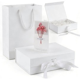 Juego de Cajas de Regalo con Cierre Magnético, 38x28x12 CM, para San Valentín, Navidad, Bodas, Cumpleaños, Aniversario -Bolsa de Regalo + Cinta + Tarjeta de Felicitación + Rafia (Blanco)