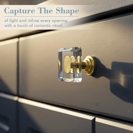POZEAN Crystal Glass Cabinet Drawer Knobs, 6 Pack Glass Crystal Gold Dresser Knobs, 1-1/4 Inch Square Pulls Handles with Screws for Modern Kitchen Cupboard Bedroom and Bathroom