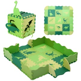Tamiplay Foam Play Mat for Kids，25Pcs Square Interlocking Puzzle Floor Mat，Baby Play Mat Floor Mat Foam Puzzle Playmat for Toddlers with Fence - Green Dinosaurs