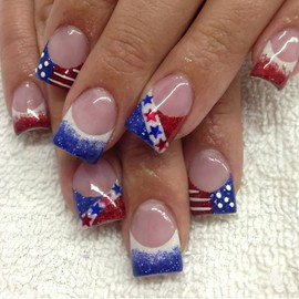 4TH of July Press on Nails Short Square Fake Nails Red Blue French Tip Acrylic Nails Kit with Star and Glitter Designs Artificial False Nails Glossy Independence Day Glue on Nails for Women 24Pcs