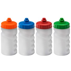 Foxberry 300ml Children's Small Refillable Water Bottles - 4 Pack - Hands Free Lid - Leakproof Spout - BPA Free - Blank For DIY Branding and Decoration - Dishwasher Safe - (Orange Blue Red Green)