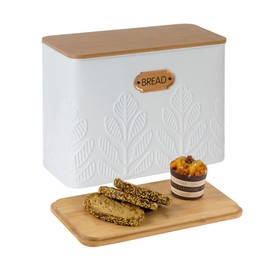 HOME PALETTE Extra Large Bread Box for Kitchen Countertop Corner Breadbox for Homemade Bread Metal White Plant Pattern Embossed Bread Storage Container Bin with Bamboo Lid Fits 2 Loaves of Bread