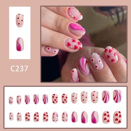 Valentine's day Press on Nails Oval Short 24Pcs Glossy Full Cover Artificial Oval Fake Nails with Heart Flower Designs Acrylic Short False Nails with Glue Stick on Fingernails for Women Girls