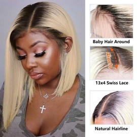 OiMiGO 13X4 HD Lace Bob Wigs 100% Human Hair,Full and Thick,Highlight Straight Wig for Women,Black and Blonde Highlight Shoulder Length Bob Wig,Lace Front Bob Wigs 180% Density(12Inch,1B613)