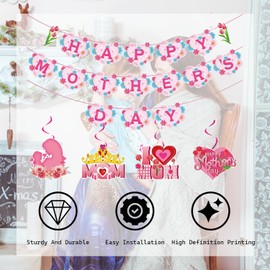DWEARTY Happy Mothers Day Banner and 12 Hanging Swirls - Pink Mothers Day Decorations for Party, Home, Office - Moms Day Decor Supplies