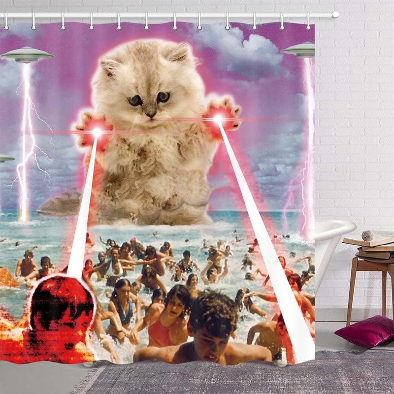 MERCHR Funny Alien Kitten cat Shower Curtain, UFO on The