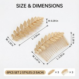 6PCS Gold Leaf Hair Clips & Hair Combs Set (2 Styles, 3 Each), Rhinestone Wedding Hair Accessories for Bride Bridesmaid Women Girls, 3.54" Clip / 3.35" Comb