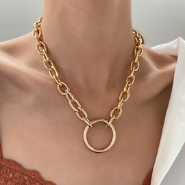 Inateannal Circle Pendant Necklace Gold Chunky Choker Necklace Large Thick Circle Necklace Open Hollow Circle Necklace Paperclip Chain Choker Necklace Jewelry for Women and Girls