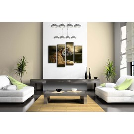 4 Panel Wall Art Tiger Looking and Sitting Under Dramatic Sky with Clouds Painting Pictures Print On Canvas Animal The Picture for Home Modern Decoration Piece Stretched by Wooden Frame,Ready to Hang