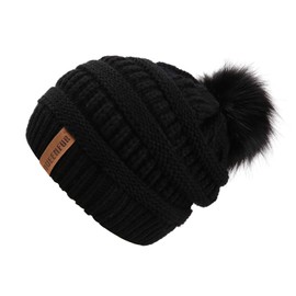 Queenfur Knit Slouchy Beanie for Women Thick Baggy Hat Faux Fur Pompom Winter Hat