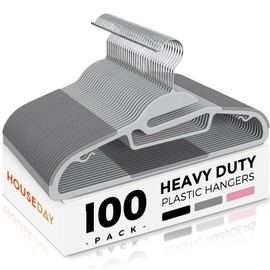 HOUSE DAY Heavy Duty Plastic Hangers 100 Pack, Grey Slim Clothes Hangers Space Saving, Durable S-Shaped Non Slip Coat Hangers with Rubber Pads, 360° Swivel Hook, Ideal for for Shirt, Suit, Pant, Skirt