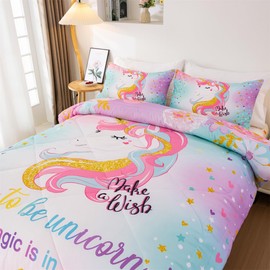 NTBED Unicorn Full Comforter Set with Sheets,5 Pieces Kids Bedding Sets for Girls, Lightweight Microfiber Star Heart Bed in a Bag, Blue Purple