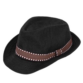 Qchomee Kids Summer Panama Hat Fedora Trilby Straw Sun Hat Beach Hat Cowboy for Children Boys Rollable Packable Straw-Fedora Hat Sun Protection Hat Gangster Cap 50-53CM Black