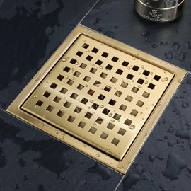 TRJIKAG 4 Inch Square Shower Floor Drain, Stainless Steel Black Shower Drain Kit with Flange, Floor Drain with Removable Grid Cover,Brushed Gold