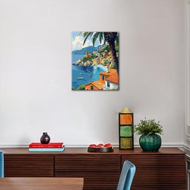 DIY Seaside Paint by Numbers for Adult Beginner Beach Paints by Number Summer Landscape Painting by Numbers on Canvas Blue Ocean Watercolor Acrylic Paint Kit for Home Decor 16x20 Inch Without Frame