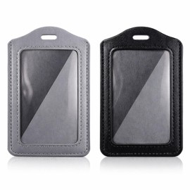 2Pcs Genuine Leather ID Badge Holders, Vertical ID Card Holders, Leather Badge Holder with Single Side Clear Window, Waterproof Name Badge Holder for Students, Staff, Office, Employees(Black&Grey)