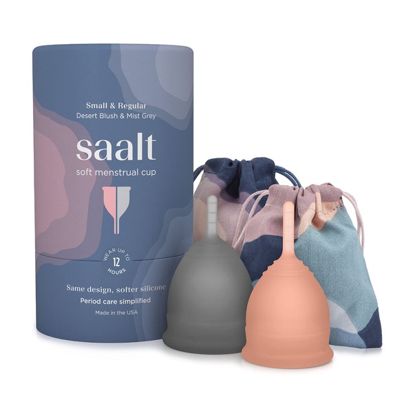 Saalt Soft Menstrual Cup - Best Sensitive Reusable Period Cup - Wear for 12 Hours - Tampon and Pad Alternative (Regular Grey, Small Desert Blush, Regular Grey, Small Desert Blush)