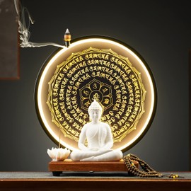 QINLANG 6 inch White Buddha Statue and 13.2 inch LED Circle Table Lamp, Indoor Buddha Statues for Home Décor