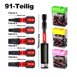 Geinxurn Torx Impact-Resistant Screwdriver Bits Set, 90 Pieces, 25 mm Magnetic (T10/T15/T20/T25/T30) S2 Steel Multi Driver Bits, 1 Piece 75 mm Bit Holder with Storage Colourful Box