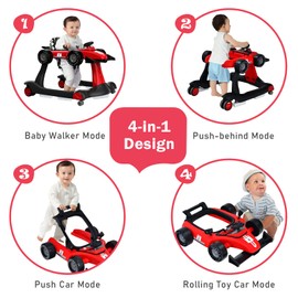GLACER Foldable Baby Walker, 4-in-1 Infant Walker with Adjustable Height & Speed, Music, Light, Steering Wheel & Washable Cushion, Baby Walker Activity Center for Boys Girls 6 –18 Months (Red)
