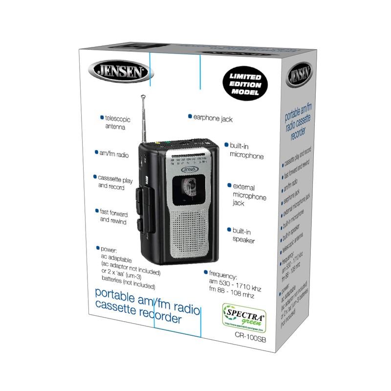 Jensen CR-100 Retro Portable AM/FM Radio Personal Cassette Player Compact