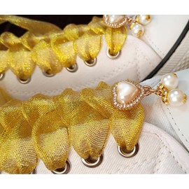 Fashionable Ribbon Shoe Laces with Bling Pearl Charms for Girls & Women (03 Organza Glitter Gold, 51"Inch (130CM))